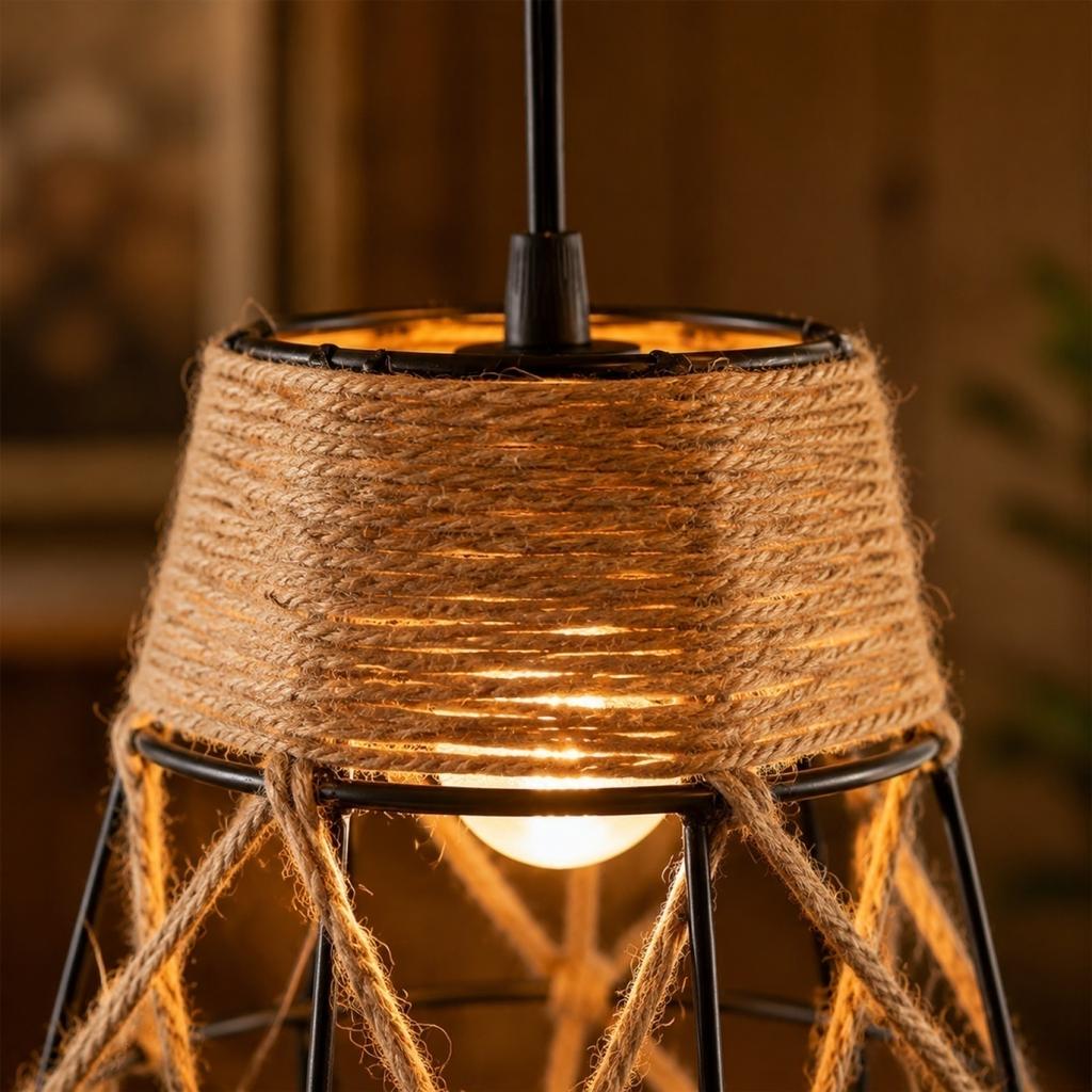 Handwoven Pendant Lamp Shade Rustic Style Decorative Light Fixture Cover with Metal Frame and Natural Fiber Weaving for Home Lighting