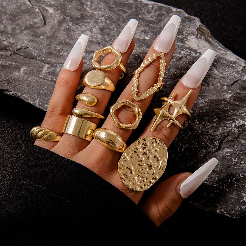 10Pcs/Set Fashion Metal Lava Lines Star Rings Set For Women Exaggerated Gold Color Geometric Smooth Chunky Ring Jewelry