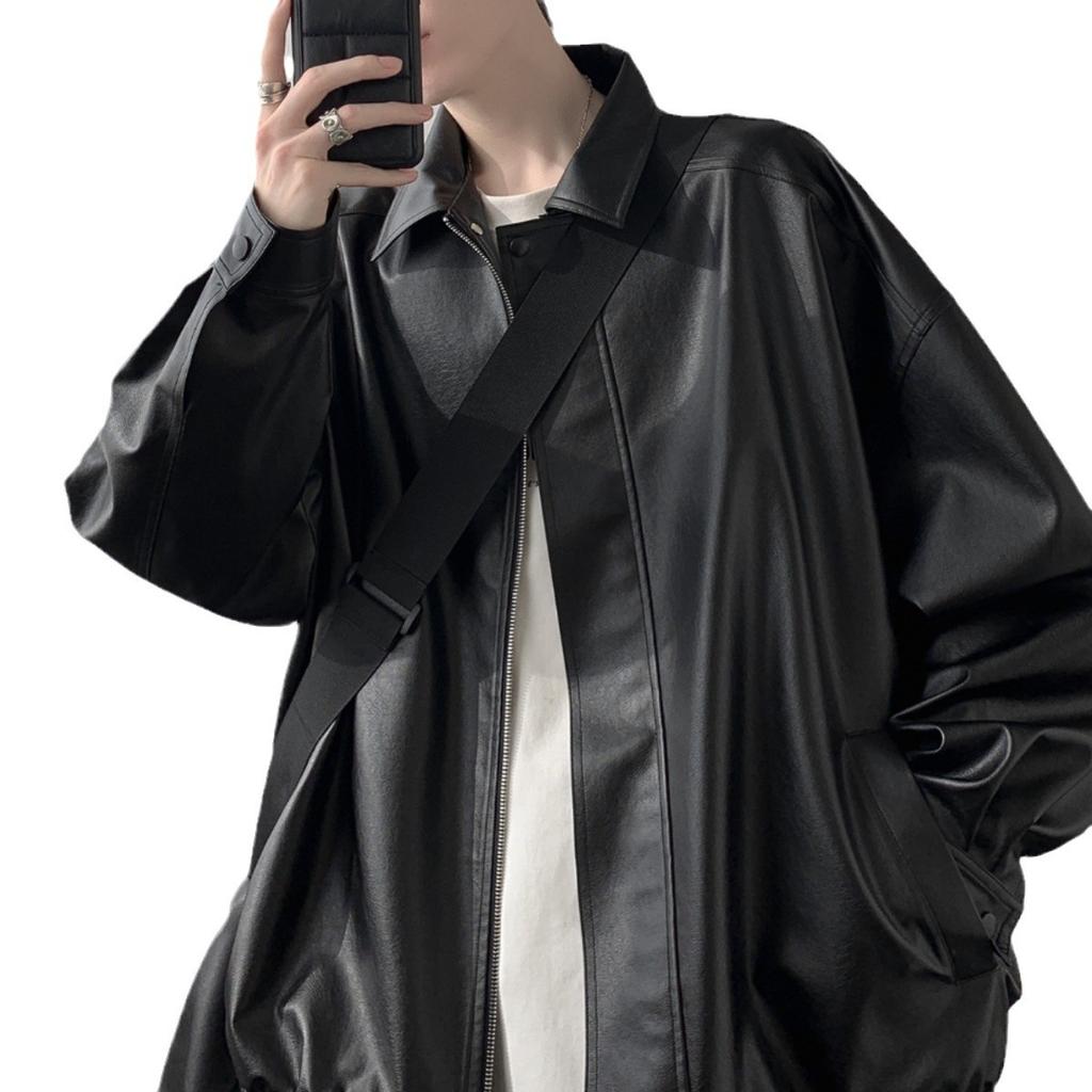 American retro leather jacket men's autumn and winter high sense ruffian handsome trendy brand casual loose pu leather lapel jacket