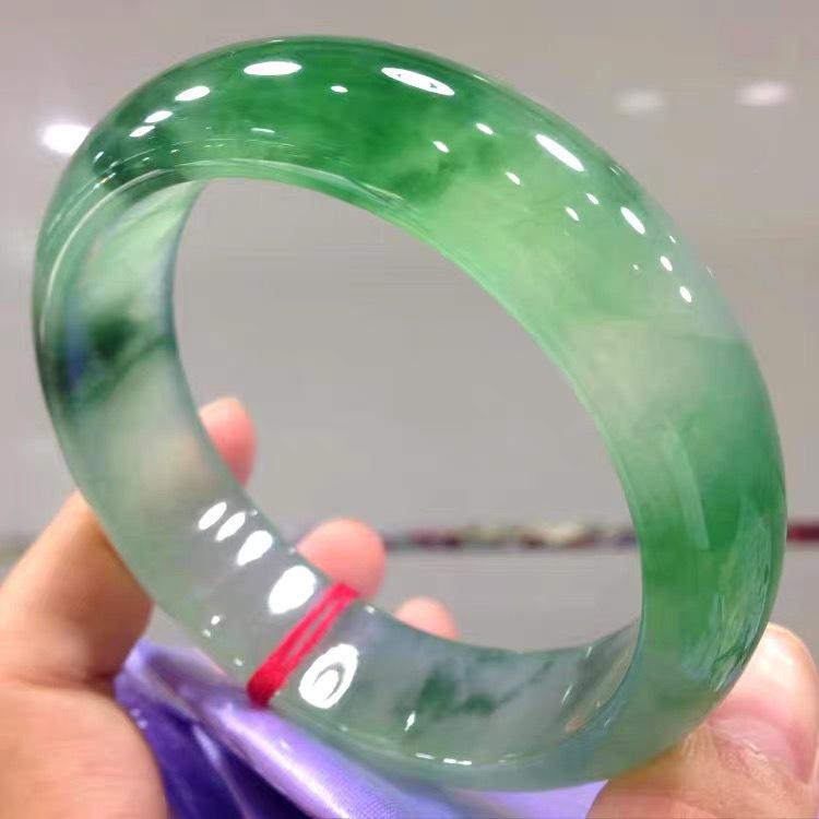 Myanmar Treated Jadeite Bangle: Full Green Ice Waxy Jade with Floating Flowers - Noble Lady Style
