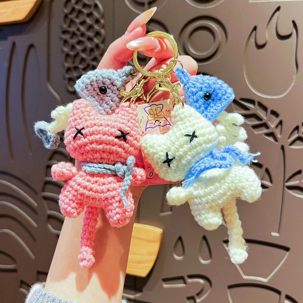 Cute Crochet Cat & Fishbone Keychain, Handmade Knitted Pink Cat Bag Charm
