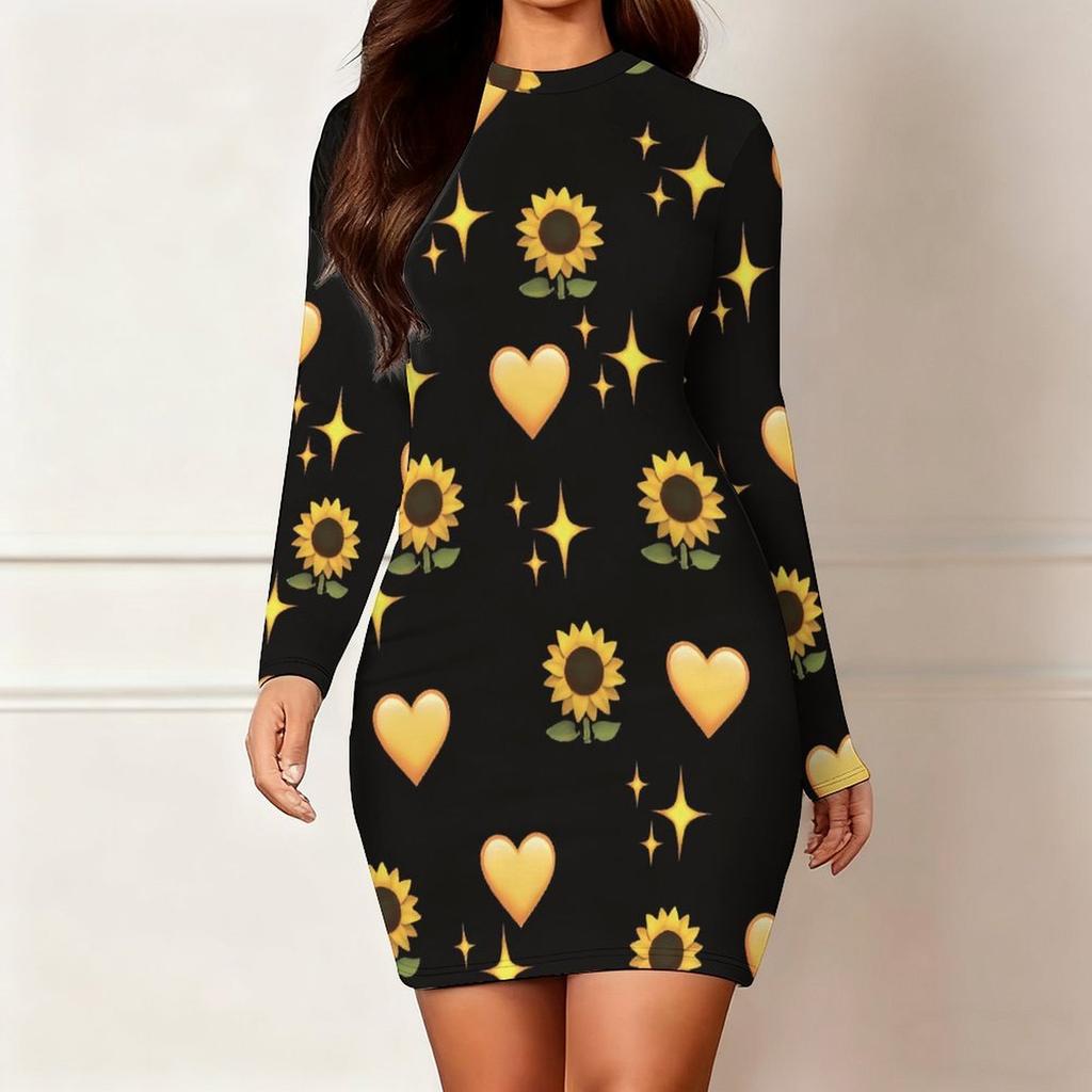 2025 Herbst und Winter Neu 3D Liebesmuster Druck und Färbung Damenmode Langärmeliges Rundhals Hüftbetontes Kleid Valentinstag Limited