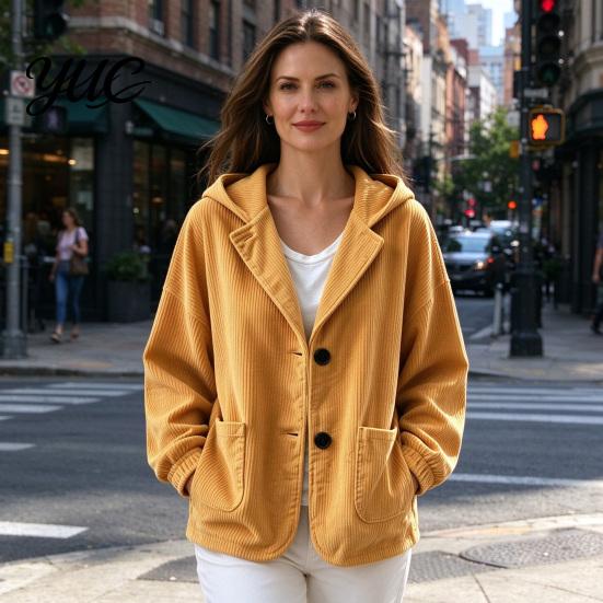 Everyday Layering Piece Autumn Winter Casual Coat, Hoolded Long Sleeve Jacket, Comfortable Commuter Apparel Loose Fit Vertical Corduroy Outerwear with
