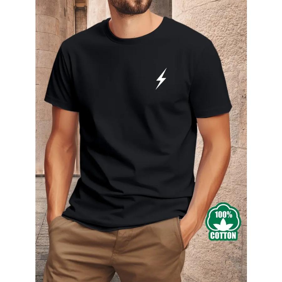 Men'S Lightning Bolt Graphic Cotton T-Shirt - 100% Combed Cotton, Crew Neck, Short Sleeve, Regular Fit, Summer Casual Tee