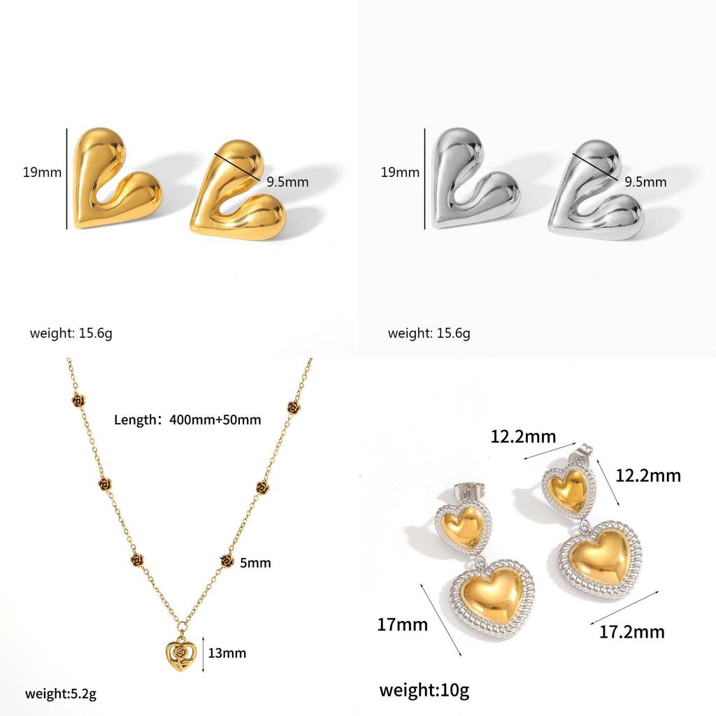 Stainless Steel Heart Layered Earring Set With Geometric Pendant For Women