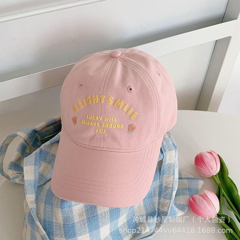 Flower Pink Letter Embroidered Baseball Cap Women'S Spring Summer Versatile Soft Top Big Head Circumference Cap Showing Face Small Hat