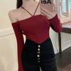 Women's Solid Color Off Shoulder Halter Slim Knitted Long Sleeves Tops
