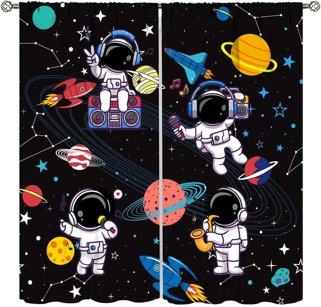Kids Outer Space Rocket Curtains Cartoon Universe Galaxy Starry Sky Cosmos Boys Girls Study Room Bedroom Curtain For Master Made Of Polyester