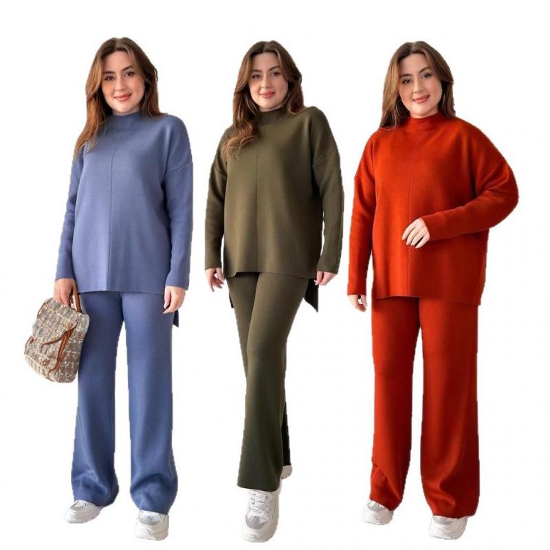Autumn/Winter Semi-Turtleneck Solid Color Split Top and Pants Set