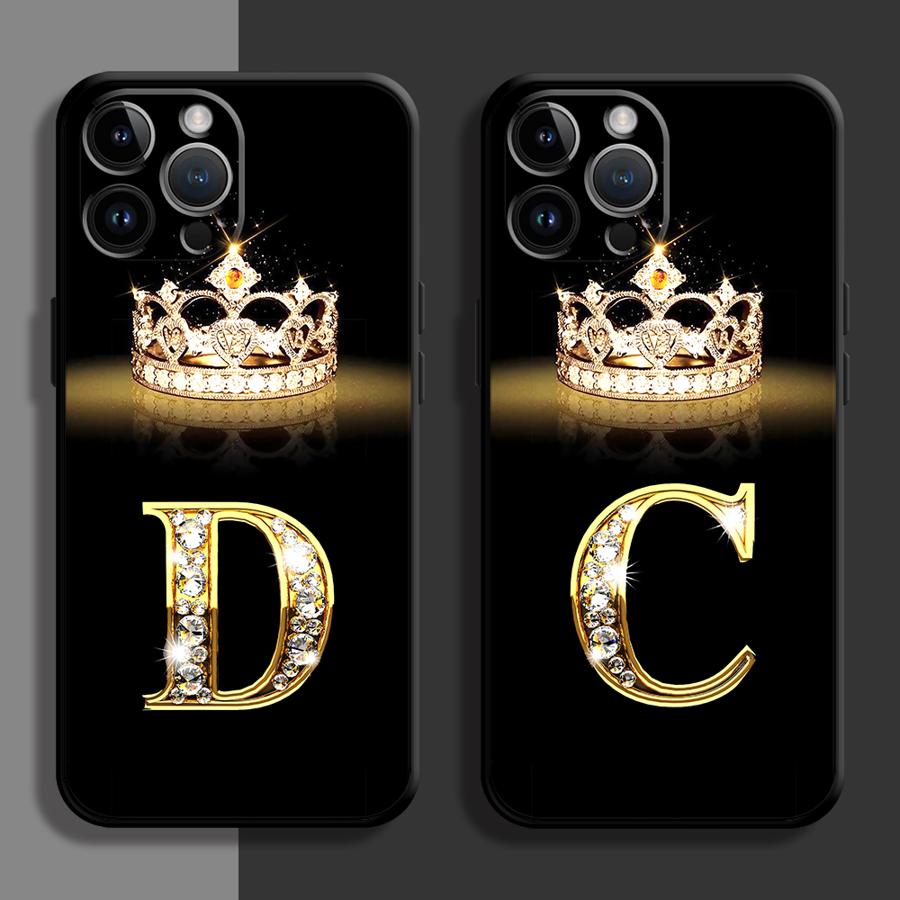 Diamond Crown Letter Capa Phone Case for iPhone 16 15 14 13 12 11 Plus 16 15 14 13 12 11 Pro Max 13 12 Mini XS Max 7 8 16e Cover