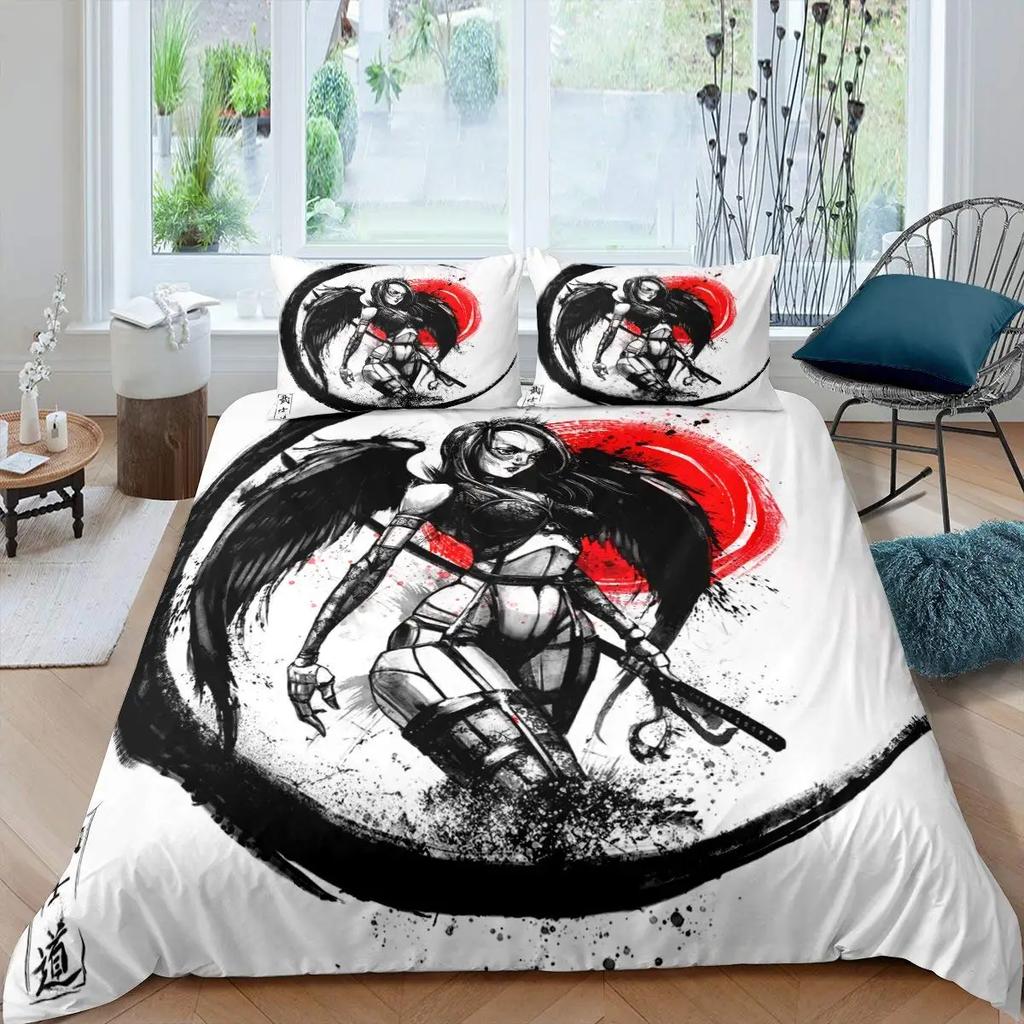 Japanese Samurai Bedding Set, Japan Sunset Landscape Building Silhouette Duvet Cover For Men Teens, Black Red