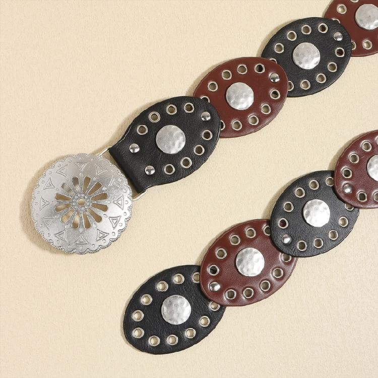 Fashion Bohemian Oval Disc Belt for Adult Western Waistband Ethnic PU Leather Hollowed Buckle Waiststrap for Dresses