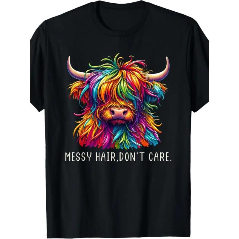 

European sizes Unisex Retro Graphic T-Shirt - Vibrant Highland Cow,Regular Fit Round Neck Tee for Men , Streetwear Casual All-Season Wear 4XL чорний