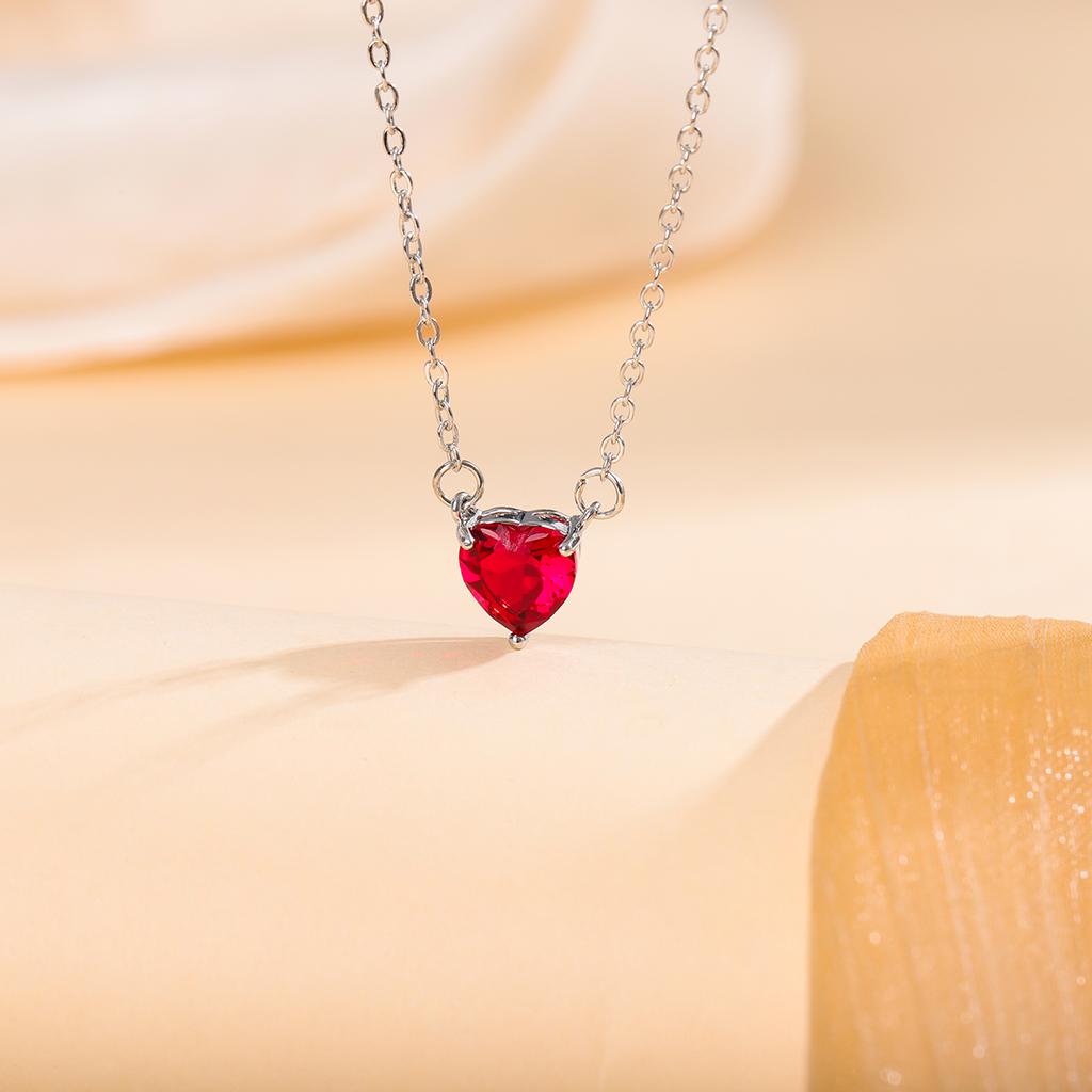 Red Peach Fashion Heart Love Crystal 925 Sterling Silver Clavicle Chain Pendant Necklaces