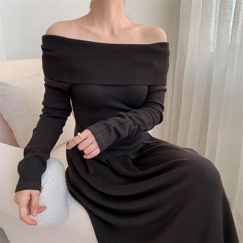 Koreanisches Strickkleid mit Carmen-Ausschnitt für Damen, Herbst, neu, Patchwork, langärmelig, Mode, einfarbig, Party-Langkleid, Winter