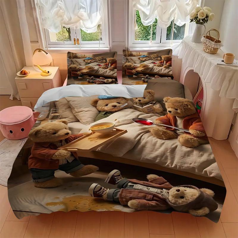 3pcs Anime Teddy Bear Bedding Set - Includes One Quilt Cover and Two Pillowcases (No Core) - Perfect for Bedroom and Guest Room Decoration,
