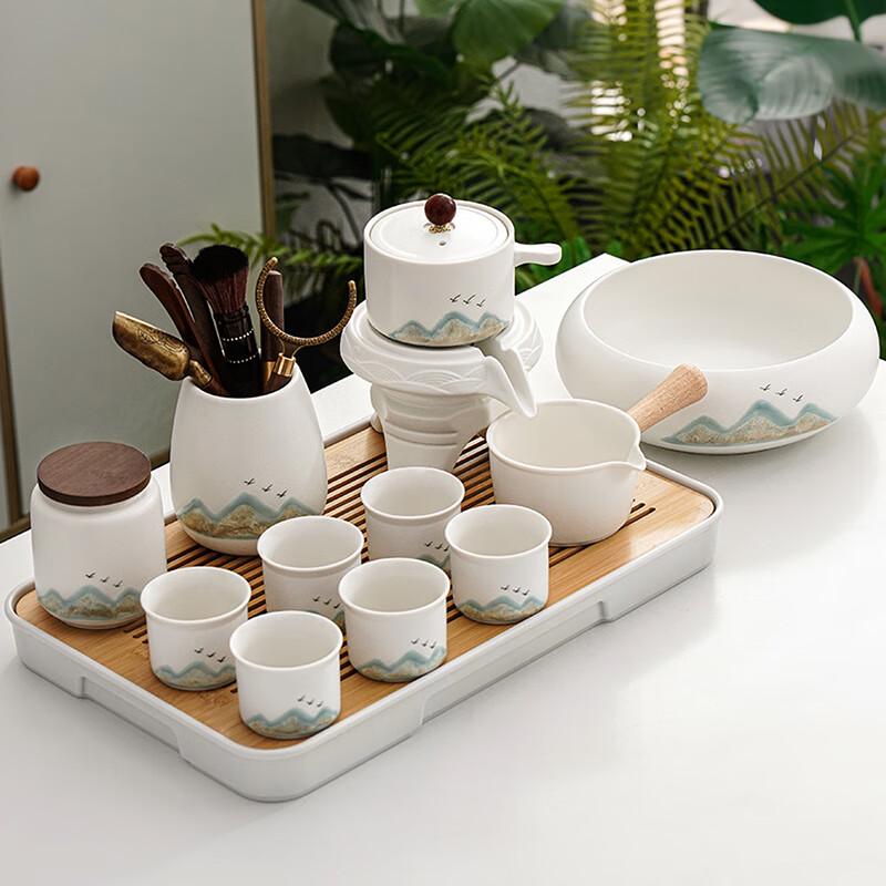 Lainuo Rustic Ceramic 12-Piece Automatic Tea Set - Green Mountain & Bird