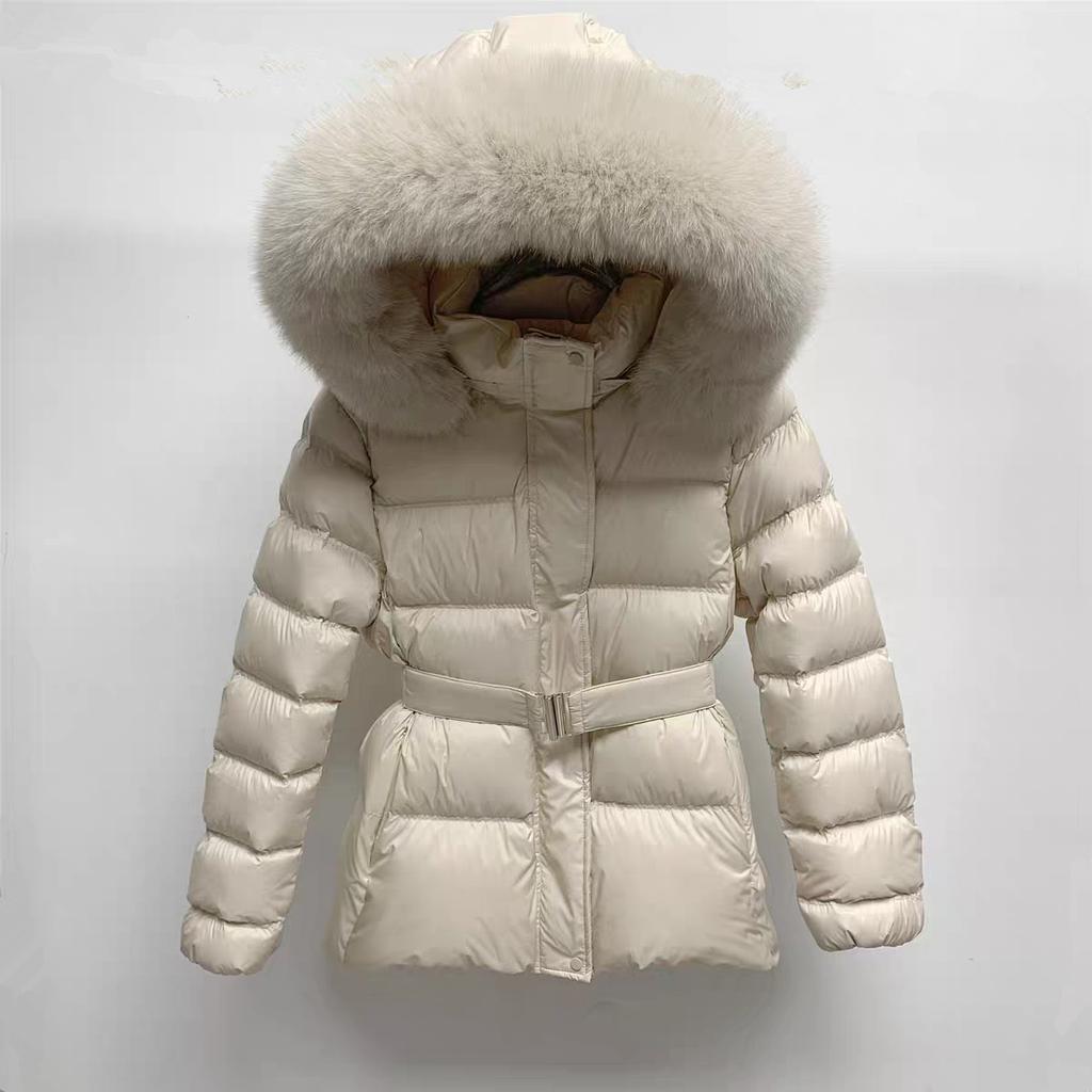 Foreign style waist and thin down jacket women's medium and long small down thickened warm butt cover belt jacket winter