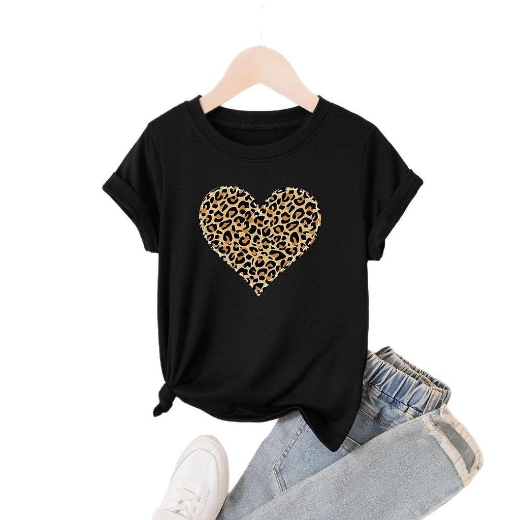 T-shirt décontracté pour fille avec imprimé léopard et motif cœur pour l'été, T-shirt à manches courtes tendance pour enfant