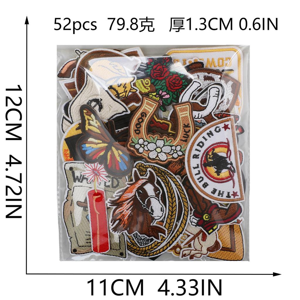 52 Pezzi Stoffa Ricamata Mista Tema Western Denim Adesivo Stile Punk Teschio Patch Adesivo Decorazione Vestiti Cactus
