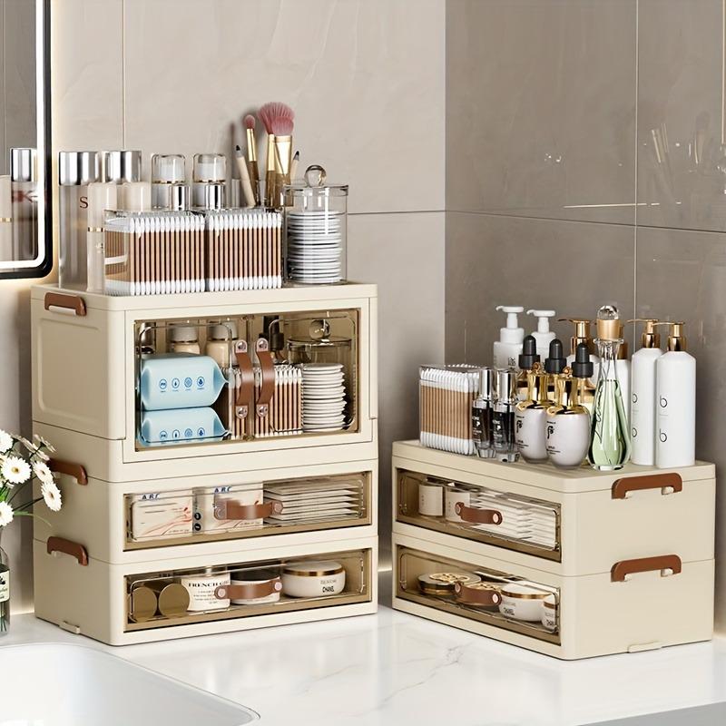 Cosmetic Storage Box Desktop Drawer Type Dust-proof Stackable & Collapsible Large Organizer Box with Transparent Double-door