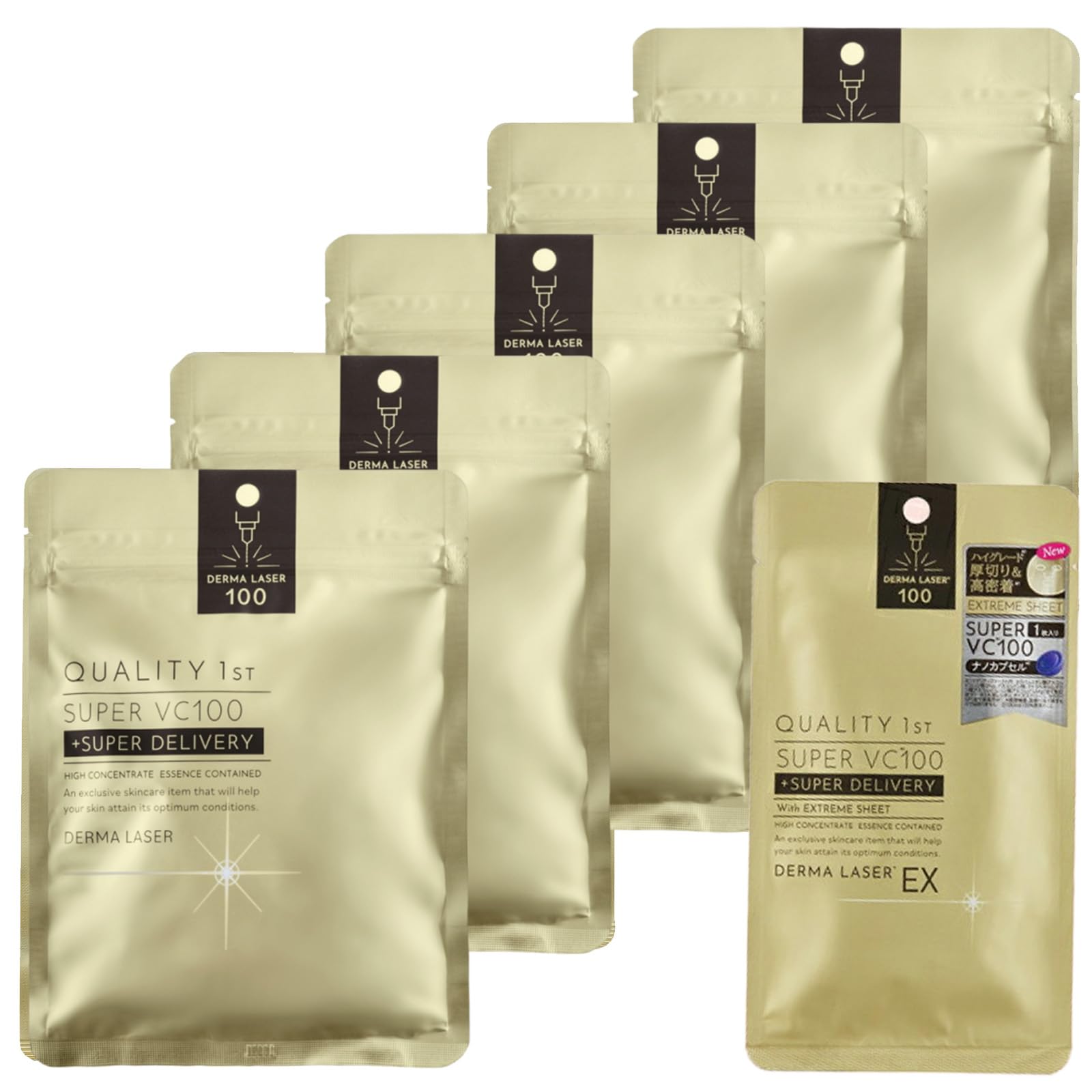 Quality 1st Derma Laser Super VC100 Mask (5-Pack) Face Pack Sheet Mask/Pore (Vitamin C) Made in Japan/Includes 1 EX Super VC Mask