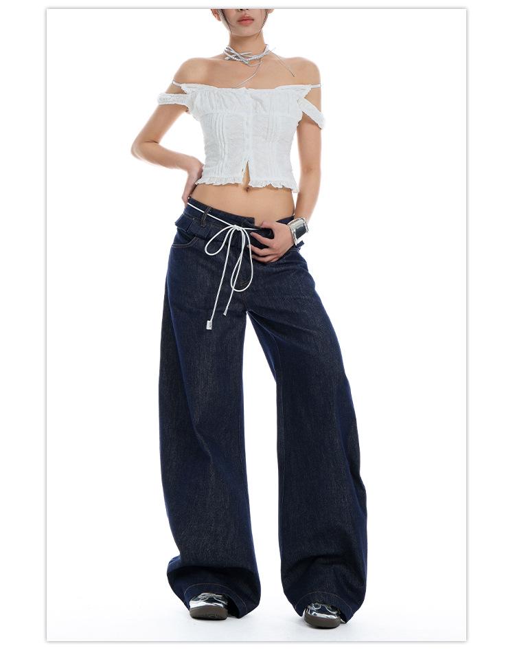 Women's Spliced Double Waistband Curved Leg Jeans - American Design, Loose Fit, Slimming, Wide Leg, for Spring & Autumn 2025