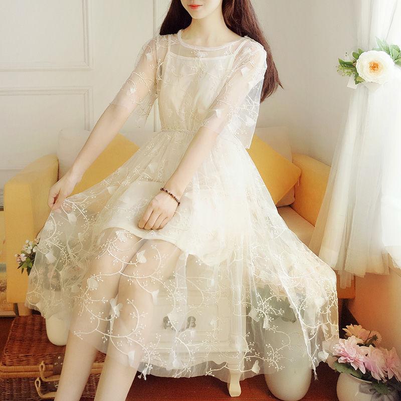 Buy Women Summer Casual Fairy Dress Suit Vintage High Waist Short Sleeve  Slim Elegant Base Slip Dress Lace Mesh Dress 2 Pieces Set at affordable  prices  free shipping, real reviews with