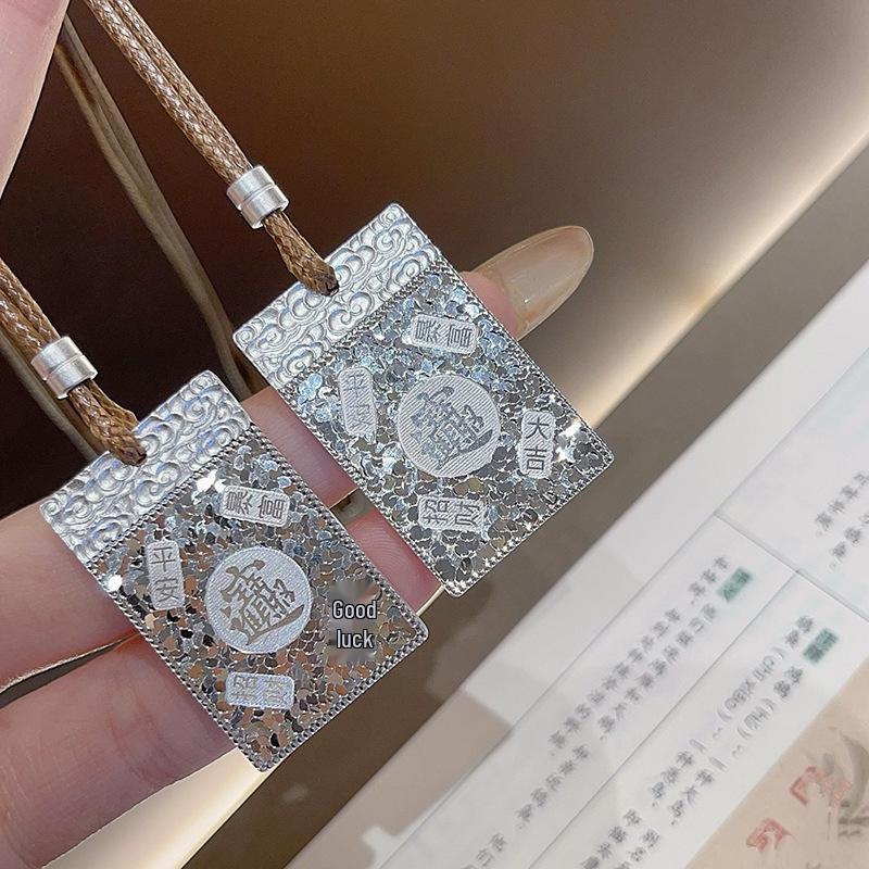 Wushi Pai Crushed Ice Pure Silver 999 Sterling Long Necklace with Auspicious Pendant for Women Pure Silver 999
