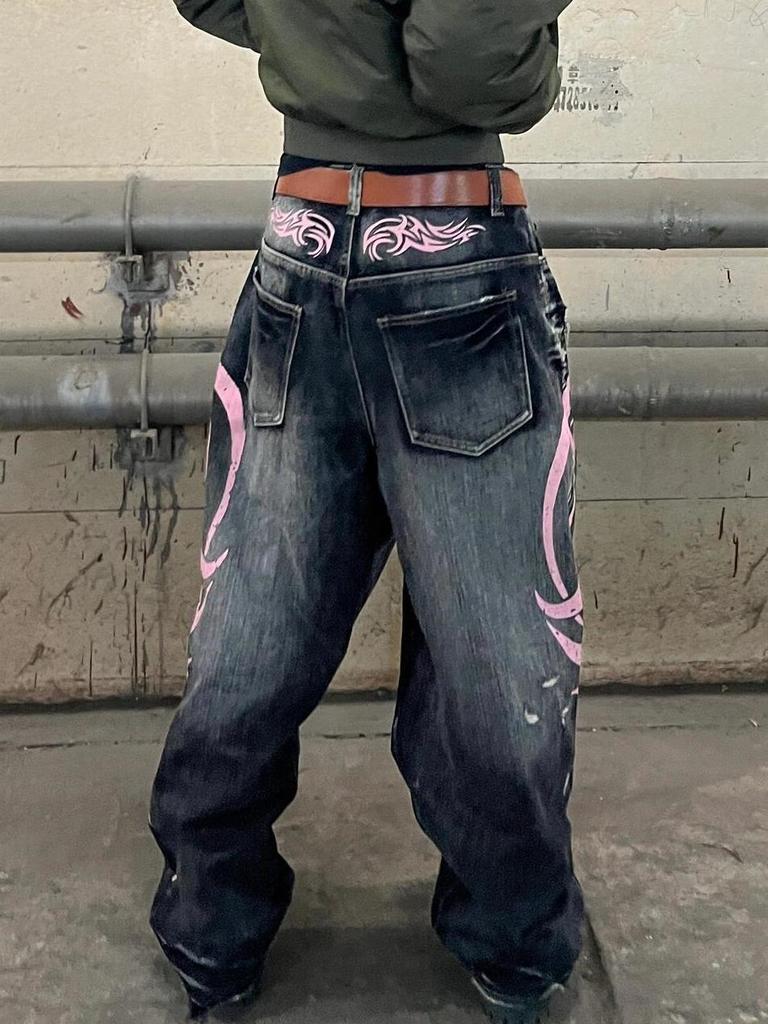 Jaded London American Retro Print Wide-Leg Denim Pants
