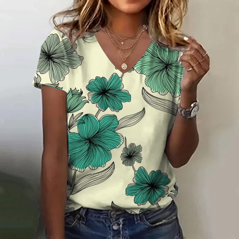 Women's T-shirt Floral Print Summer Loose and Comfortable Short-sleeved Pattern V-neck Casual T-shirt Casual Elegant Clothing