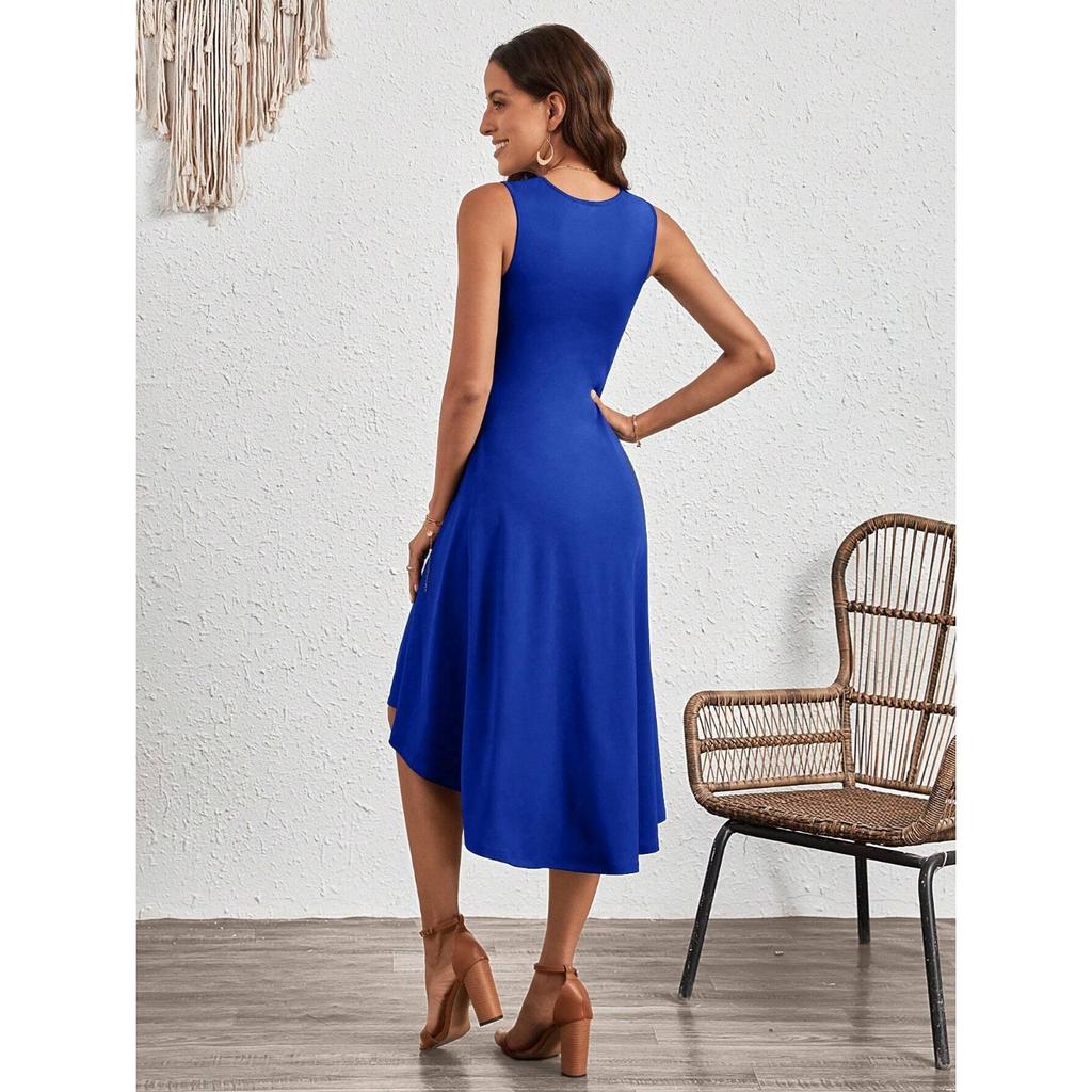 IHUASU Summer Women's Summer Fashion Sleeveless Solid Color A-line Crepe Mid-dress