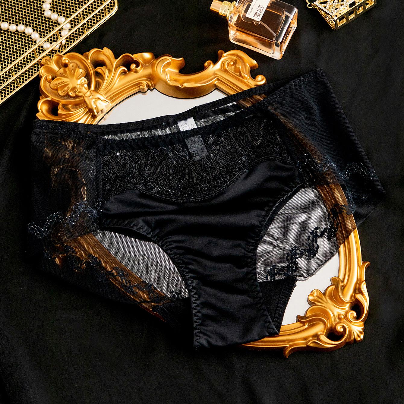 

Роскошные трусики премиум-класса с вышивкой, средней посадки, с кружевом, сексуальные и дышащие, треугольные, с высокой эластичностью, с атласной поверхностью, женские трусики XL чёрный