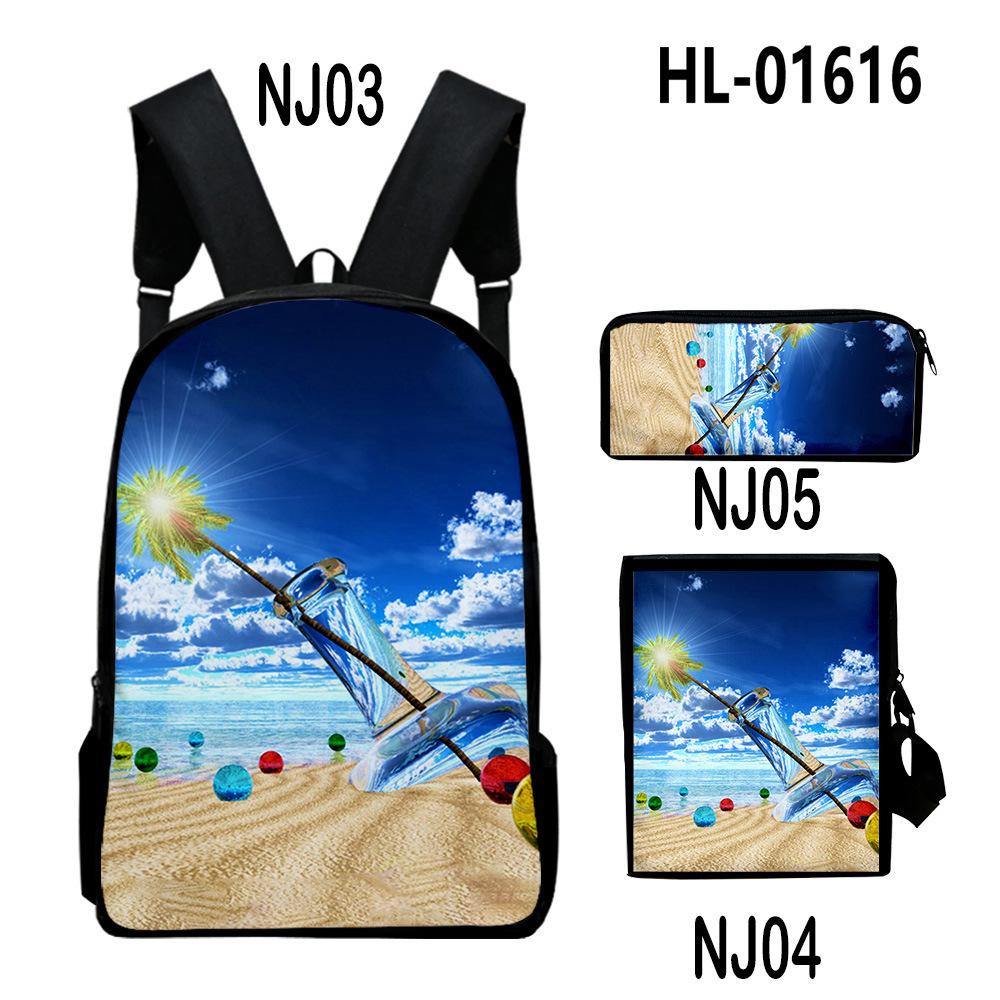 Klassiek Zomers Zeegezicht 3D Print 3 stuks/Set leerling Schooltassen Laptop Dagrugzak Rugzak Schuin gedragen schoudertas Etui