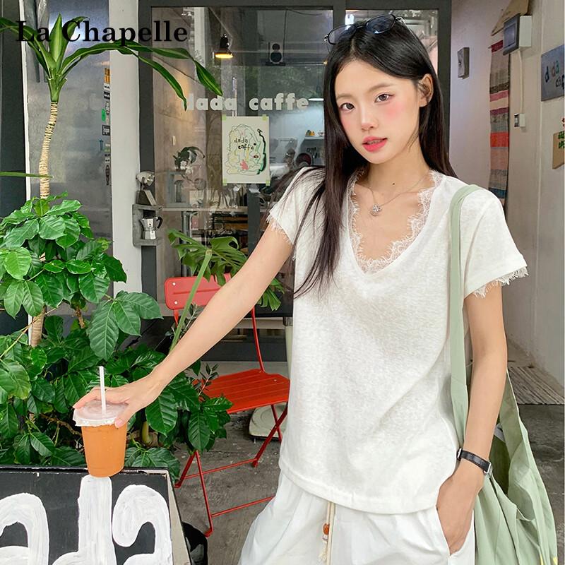 La Chapelle Women s Elegant Lace Trim V-Neck Short Sleeve T-Shirt XL
