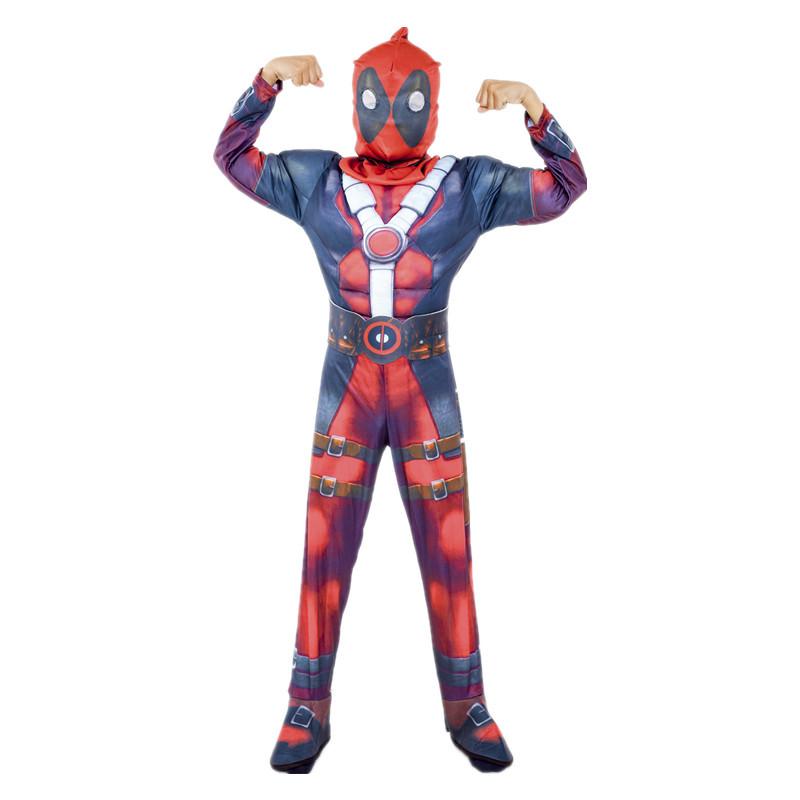 Children's Deadpool Costume with Jumpsuit, Sword, Pouch, and Accessories Set for Halloween.