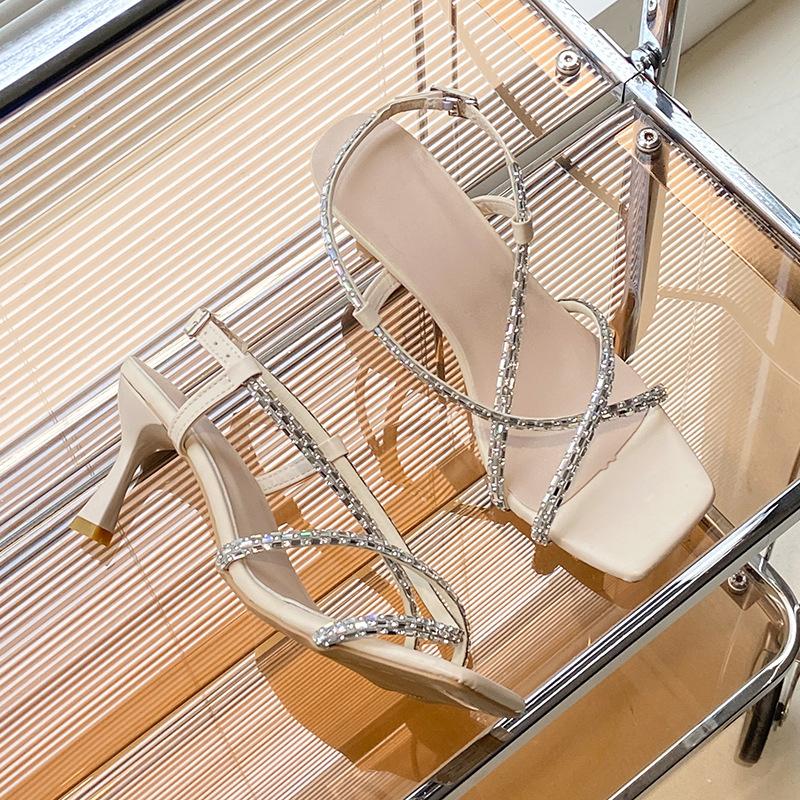 Fashion sandals women's summer 2025 new square head thin heel cross rhinestone word with sexy temperament Roman high heels