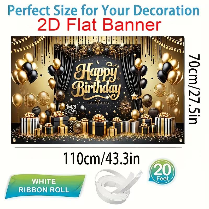 2D Happy Birthday Background Cloth Black Gold with Gift Boxes & Glitter Banner