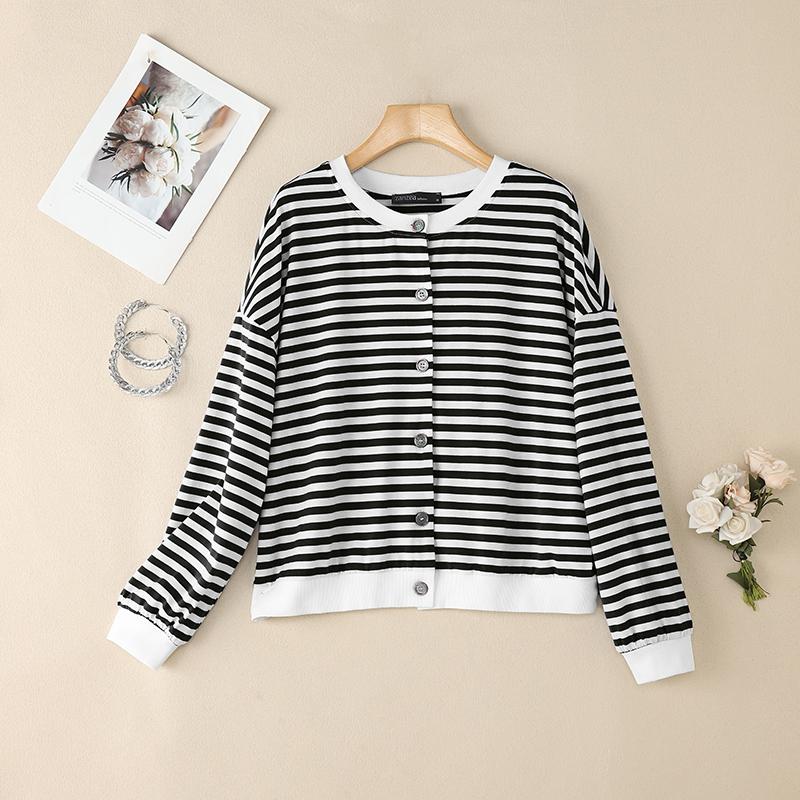 ZANZEA Women Casual Round Neck Long Sleeve Stripe Cardigan Blouse