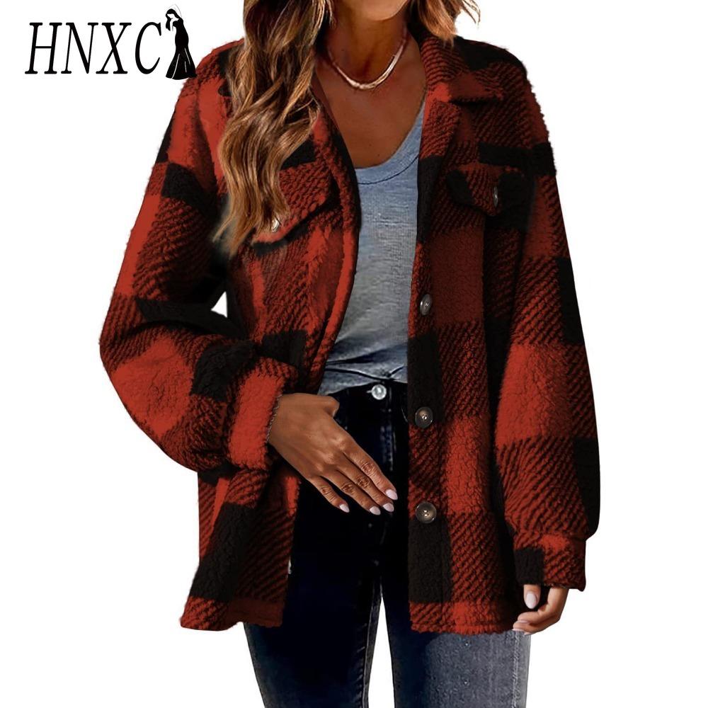 HNXC Damen Vintage Lässig Karomuster Herbst Winter Langarm POLO Kragen Jacken & Mäntel