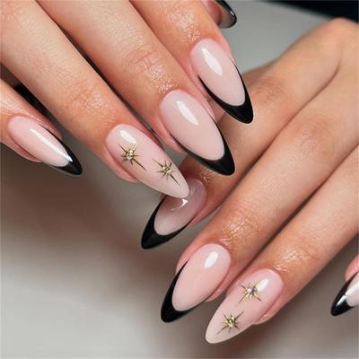 24 Stuks Amandel French Tip Kunstnagels Met Glanzende Afwerking En Gouden Ster Ontwerpen Plaknagels voor Feest of Dagelijks