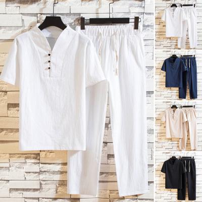 2 Pcs/Set Men Shirt Pants Set Stand Collar Solid Color Elastic Waist