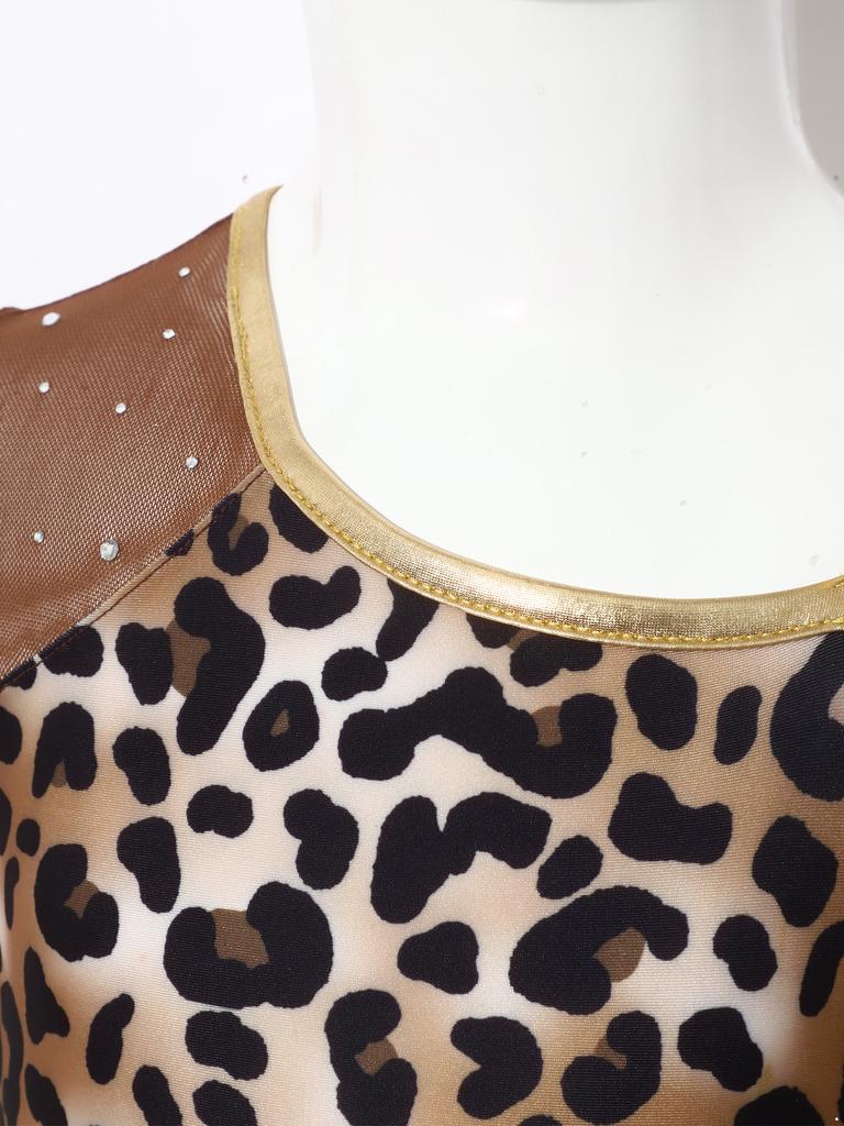 Kids Girls Leopard Printed Gymnastics Ballet Leotards Dance Performance Costume Rhinestones Caveman Jumpsuit with Oversleeve
