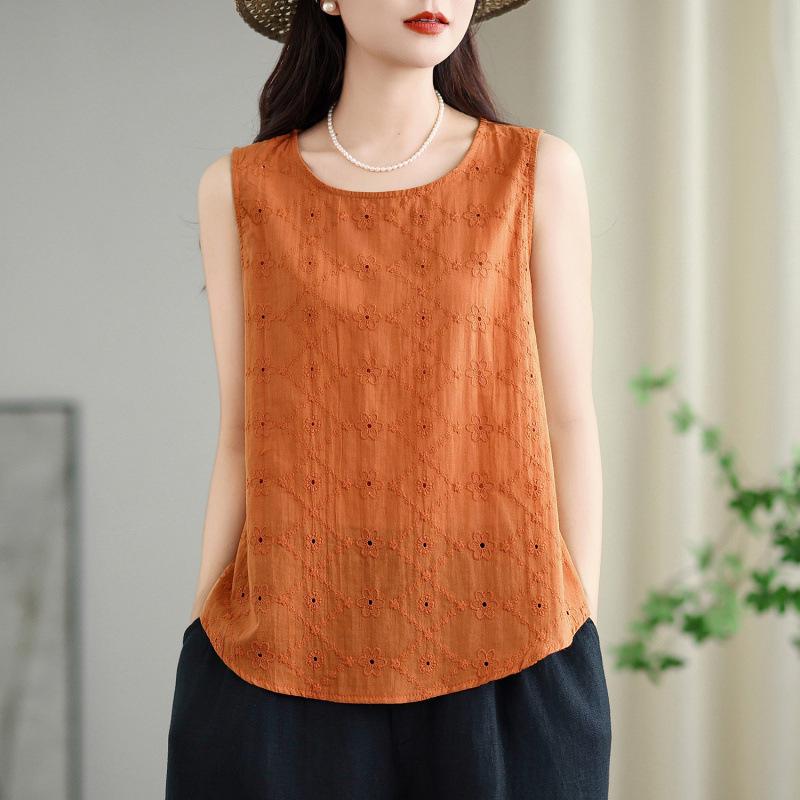 Summer Pure Cotton Embroidered Sleeveless Vest for Women