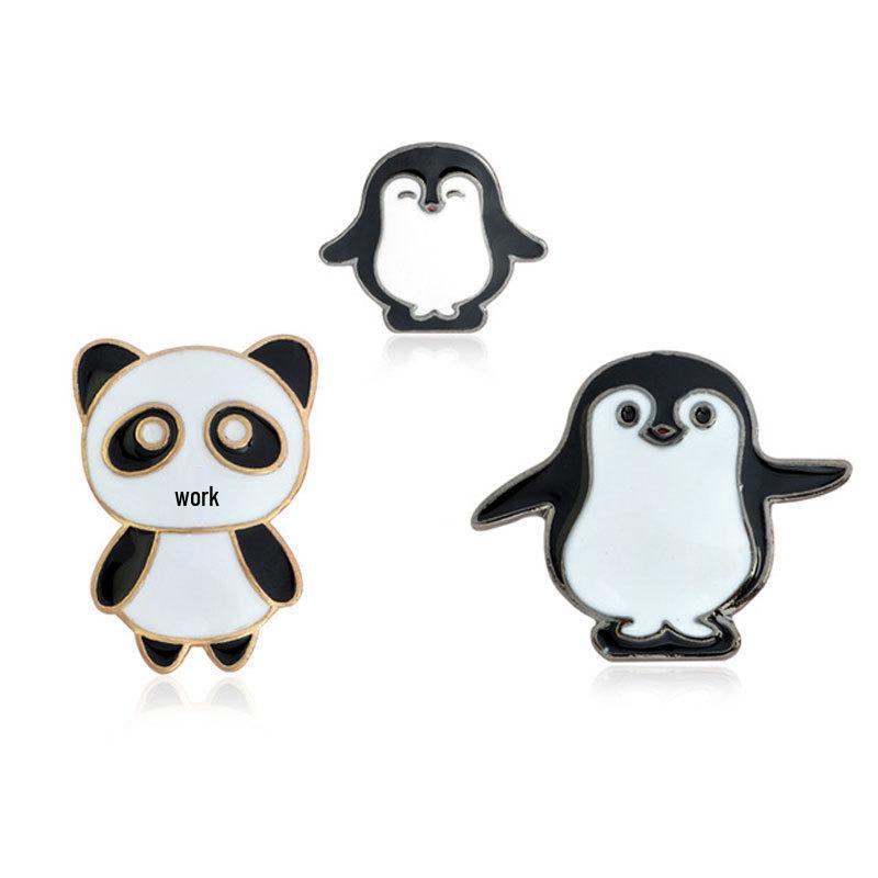 Cross-border Black & White Design: Cute Panda & Silly Penguin Brooch for Denim Jacket