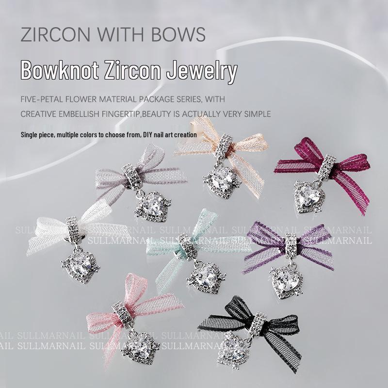 

Silver Zircon Heart Bow Nail Art Jewelry with Rhinestone & Organza Bowknot