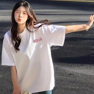 Cotton Short-sleeved T-shirt Summer Women's Clothing Korean Version Loose Letter Printing Design Sense Niche Front Shoulder Half-sleeved Tops and Clot