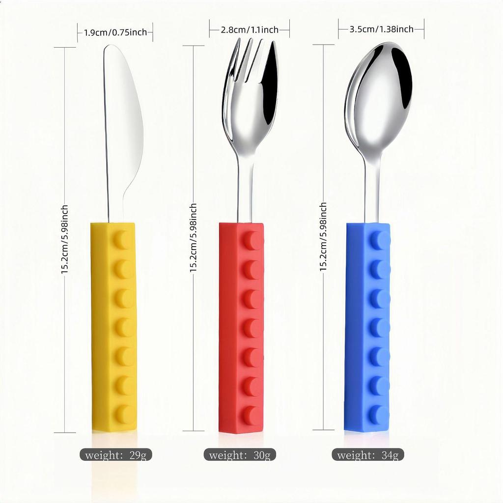 Creative Silicone Building Blocks Children's Stainless Steel Cutlery Set: Knife, Fork, Spoon, and Baby Food Spoons.