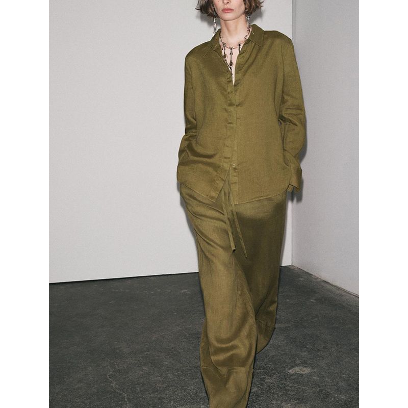 Linen Blend Long Sleeves Lapel Shirt 4786090 Linen Blend Wide Leg Mid Waist Casual Pants 4786091