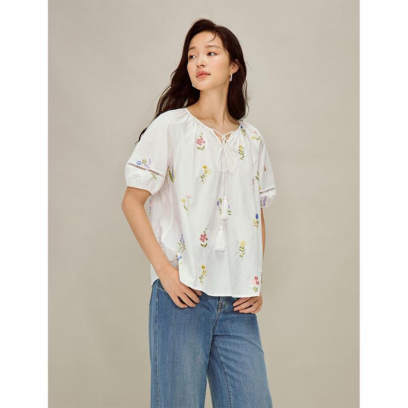 INMAN Women's French Floral Embroidered Puff Sleeve Blouse